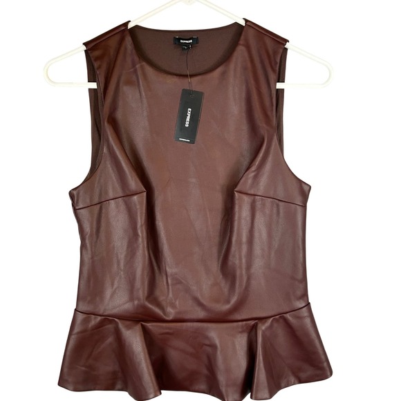 Express Tops - Express Womens Brown Faux Leather Peplum Sleeveless Top Size S NWT 06410861